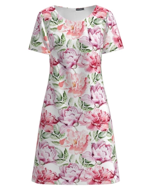 Rochie alba evazata imprimata cu model floral Bujori CMD2763