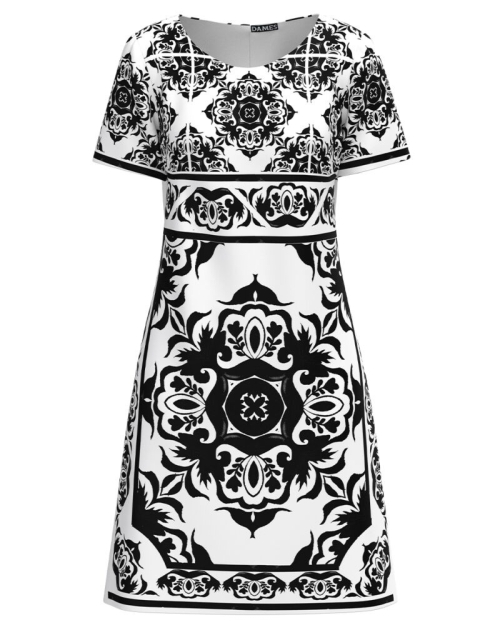 Rochie alba evazata imprimata cu model floral negru CMD4462