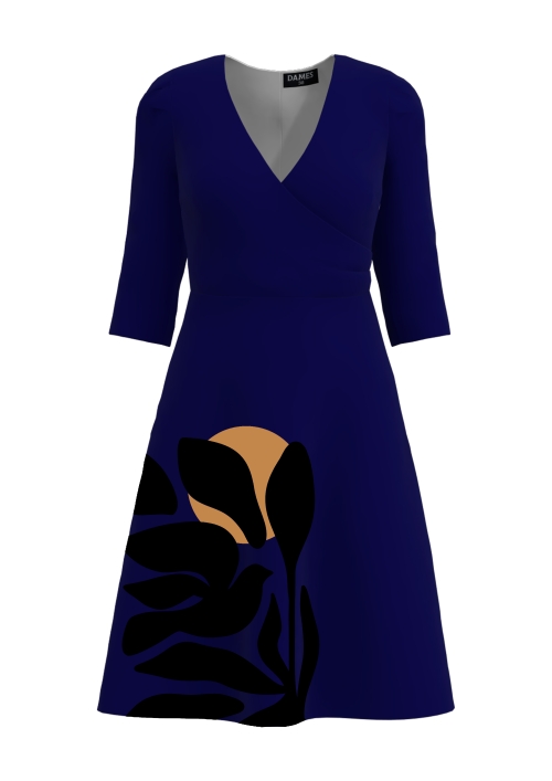 Rochie albastra eleganta cu bust petrecut imprimata pasari