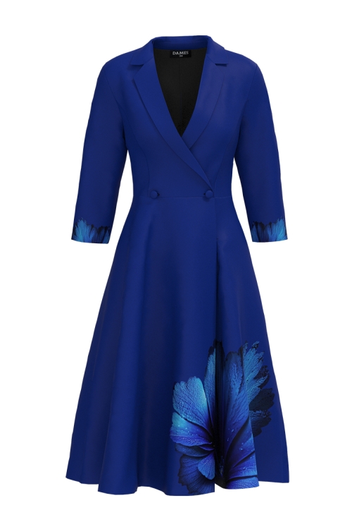 Rochie albastra tip pardesiu petrecuta cu imprimeu floral