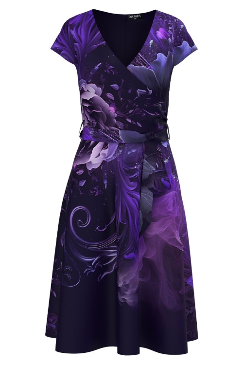 Rochie albastru violet eleganta de vara cu maneca scurta imprimata floral - Img 2