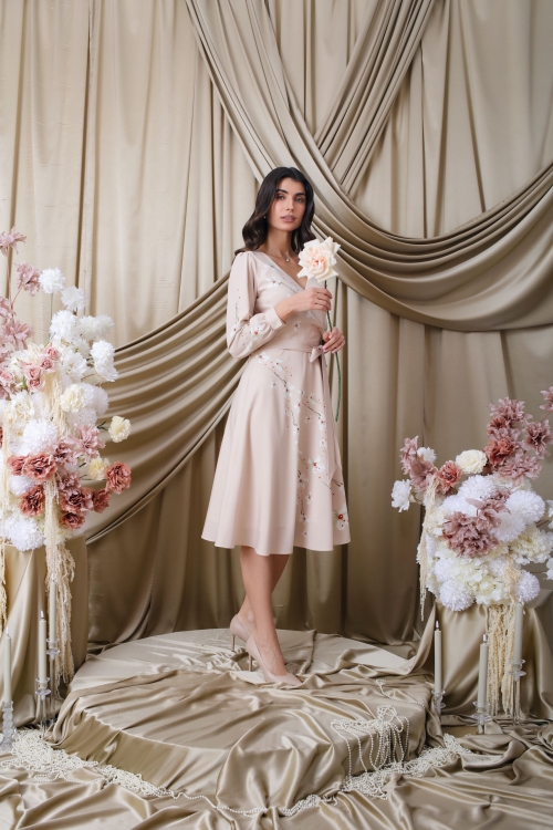 Rochie bej cu maneca lunga imprimata floral SS25 - Img 2