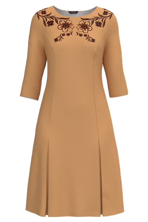 Rochie bej cu pliuri imprimata floral