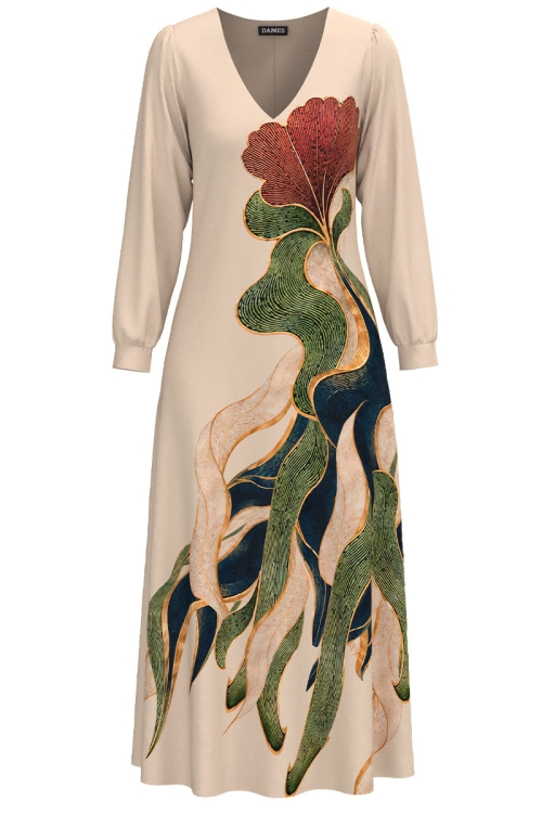 Rochie bej eleganta lunga imprimata Taina Florilor