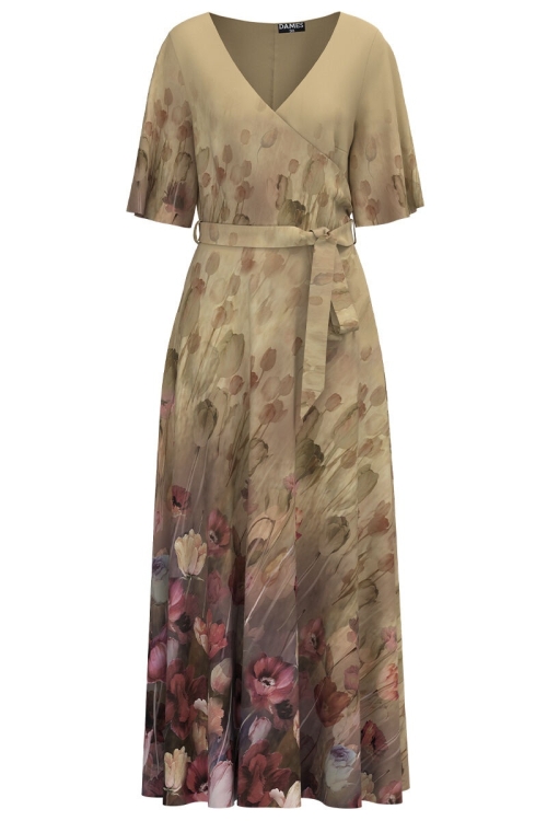 Rochie bej lunga eleganta de seara imprimata digital cu model Floral CMD1064 - Img 2