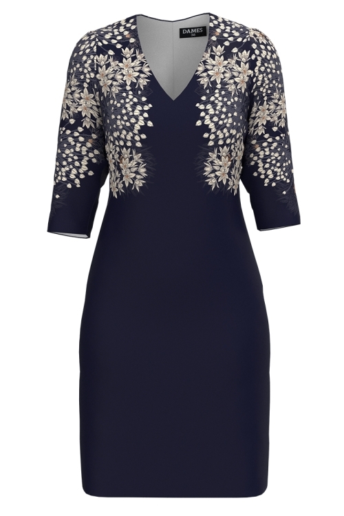 Rochie bleumarin casual cu decolteu in V imprimata floral