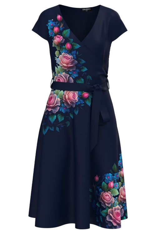 Rochie bleumarin de vara cu maneca scurta imprimata cu model floral CMD4152 - Img 2