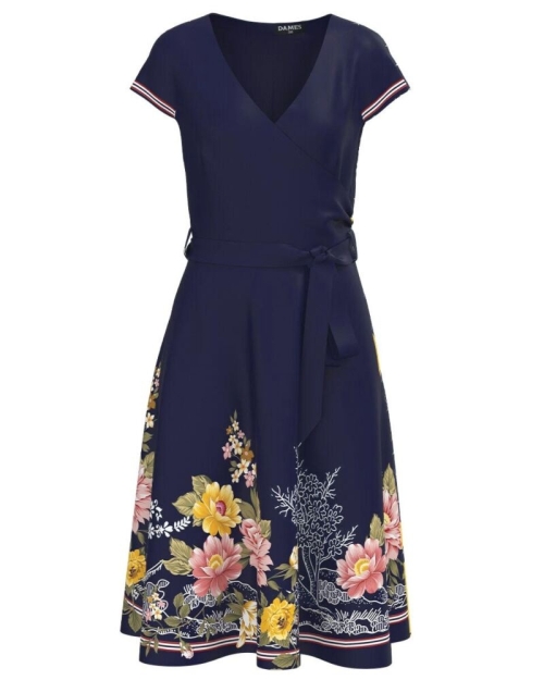 Rochie bleumarin de vara cu maneca scurta imprimata cu model floral