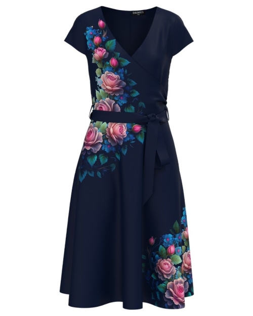 Rochie bleumarin de vara cu maneca scurta imprimata cu model floral CMD4152 - Img 1