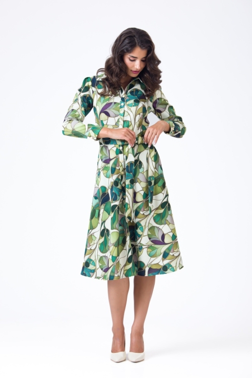 Rochie camasa cu maneca lunga imprimata in nuante de verde AW24 - Img 2