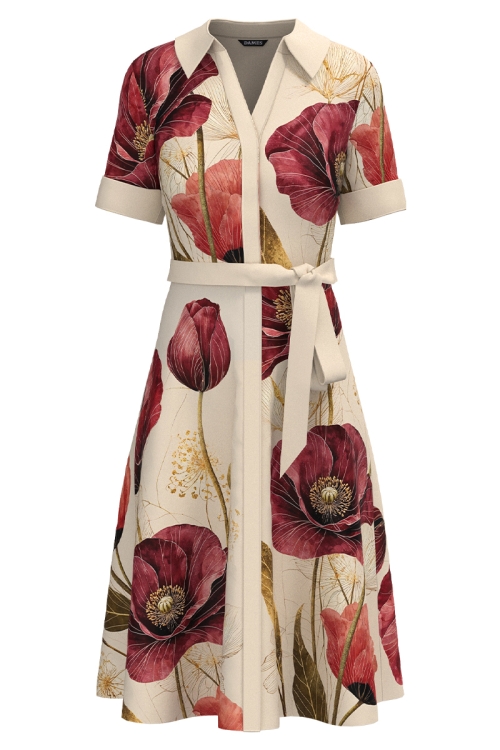 Rochie camasa din in cu buzunare si imprimeu flori de mac