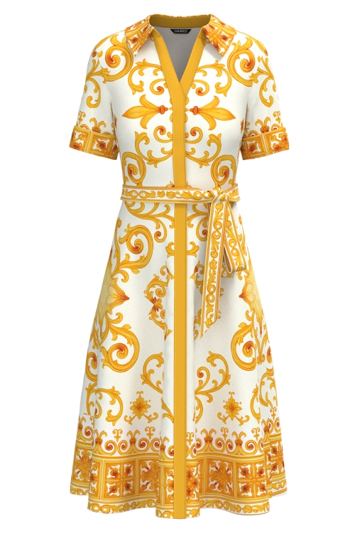 Rochie camasa din in cu imprimeu galben cu buzunare
