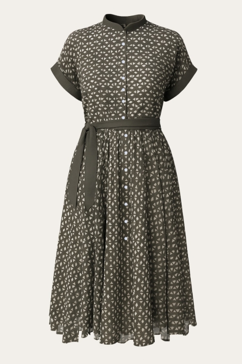 Rochie camasa verde kaki din vascoza cu fusta asimetrica si buzunare