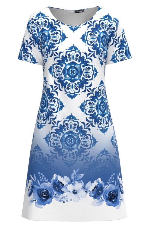 Rochie casual alba imprimata cu model floral in nuante de Albastru CMD2928