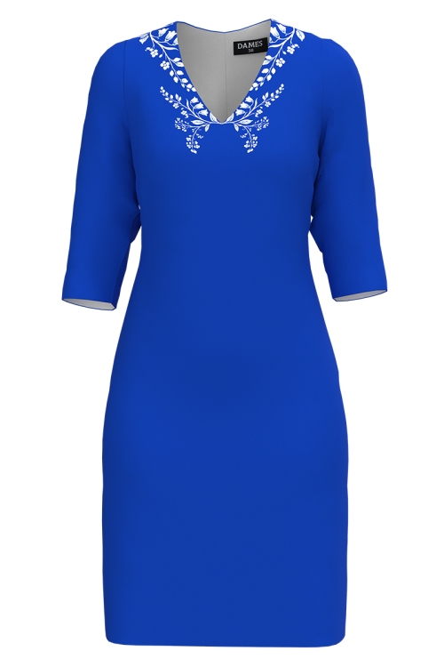 Rochie casual albastra cu decolteu in V imprimata floral
