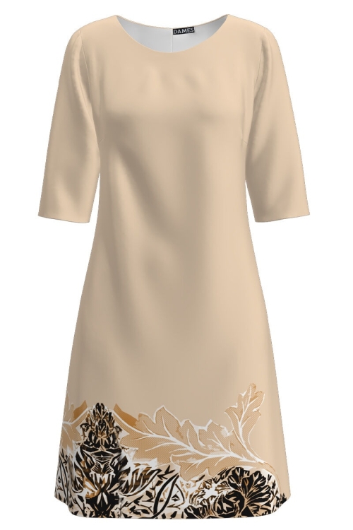 Rochie casual bej cu imprimeu frunze CMD1418