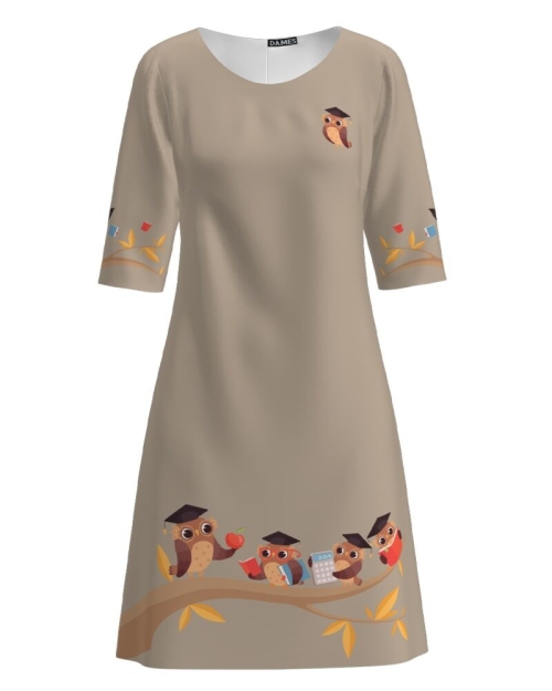 Rochie casual bej imprimata bufnite CMD1259 - Img 1
