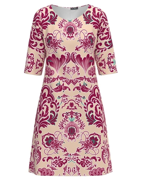 Rochie casual bej imprimata floral magenta