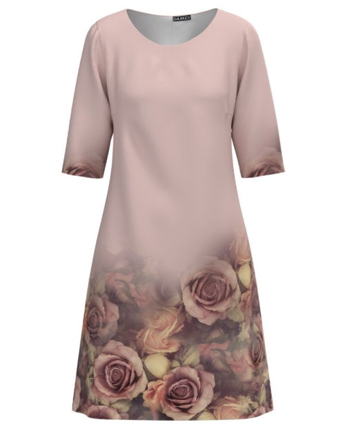 Rochie casual bej imprimata Trandafiri