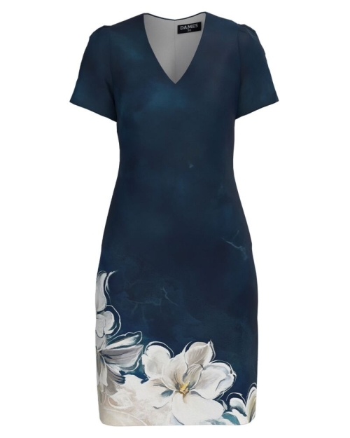 Rochie casual bleumarin cu decolteu in V imprimata floral SS24