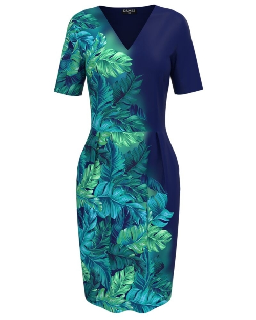 Rochie casual bleumarin cu maneca scurta imprimata Frunze CMD4049