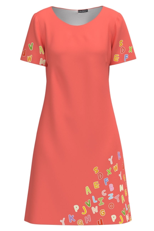 Rochie casual corai cu maneca scurta imprimata litere SS24 - Img 2