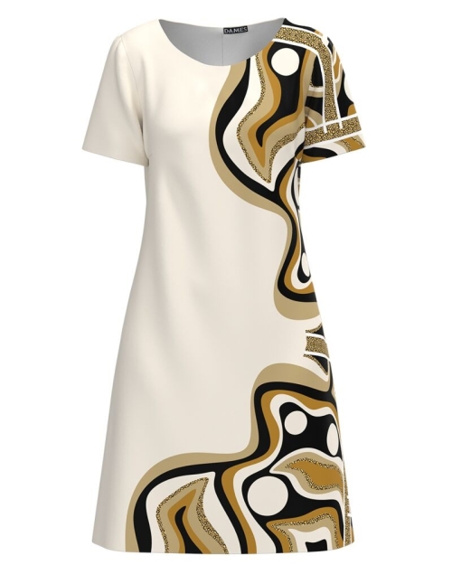 Rochie casual crem imprimata cu model abstract in contrast CMD2986