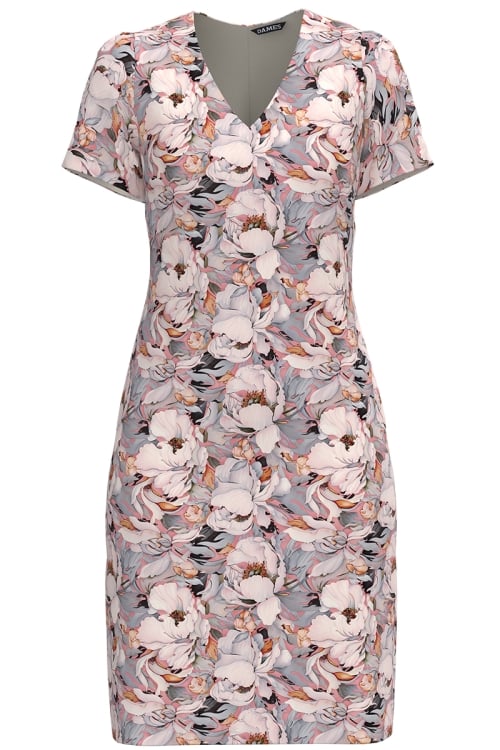Rochie casual cu decolteu in V imprimata Gradina pudrata