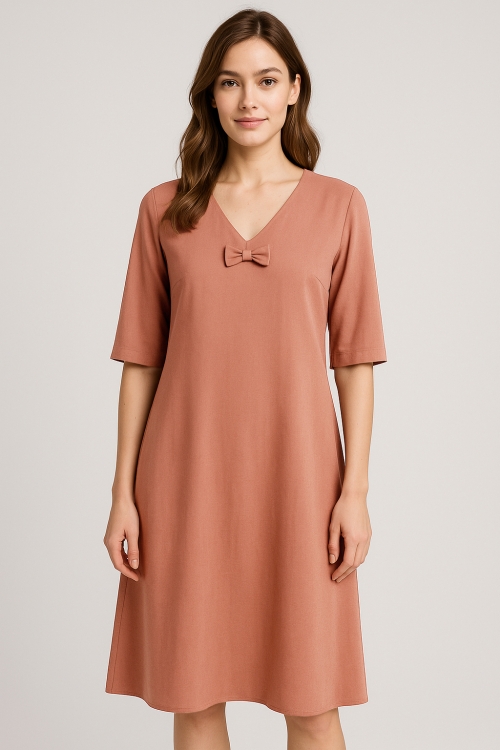 Rochie casual de vara din lyocell roz pudrat cu decolteu in V si buzunare