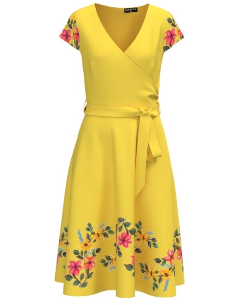Rochie casual galbena de vara cu maneca scurta si imprimeu floral CMD2539