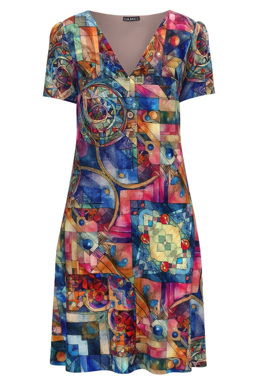 Rochie casual lejera de vara multicolora imprimată cu model abstract SS24 - Img 2