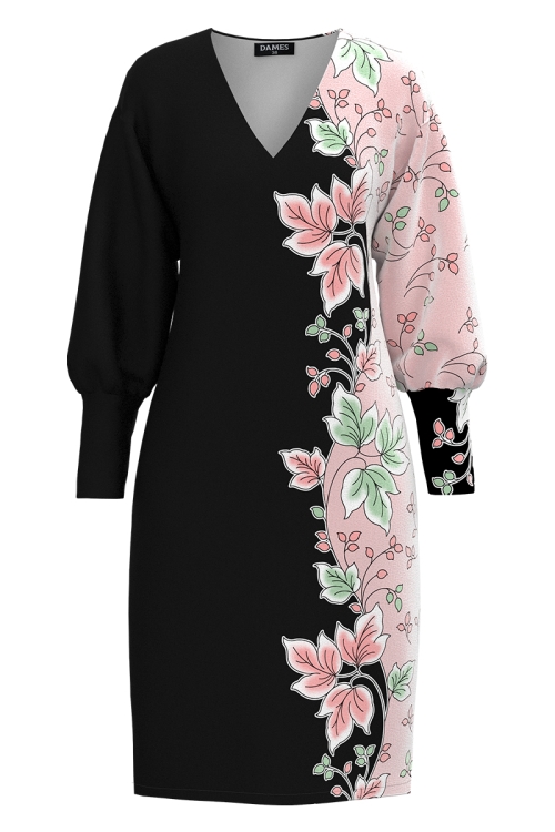 Rochie casual neagra din catifea imprimata cu model floral SS25