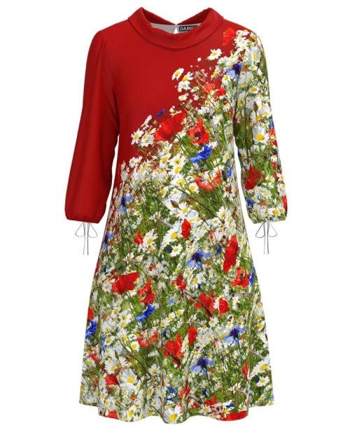 Rochie casual rosie cu maneca trei sferturi imprimata flori de camp CMD4028