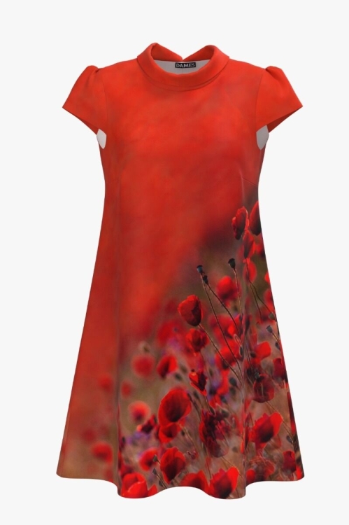 Rochie casual rosu corai imprimata digital cu model Maci CMD916 - Img 3