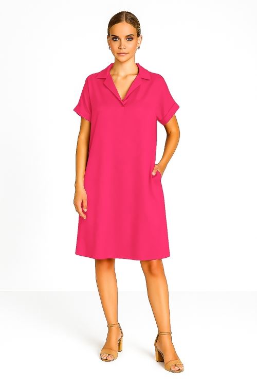 Rochie casual roz cu buzunare din vascoza satinata