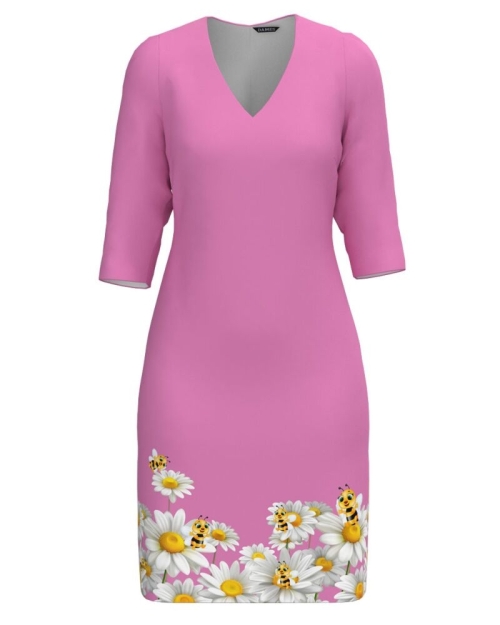 Rochie casual roz cu decolteu in V imprimata Albinute - Img 1