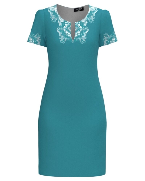 Rochie casual turcoaz cu decolteu lacrima imprimata in contrast SS24