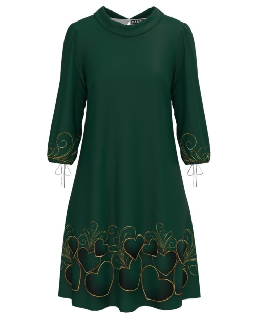 Rochie casual verde cu maneca trei sferturi imprimata cu model Inimi CMD3861