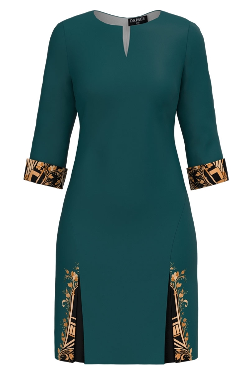 Rochie casual verde marin cu detalii imprimate
