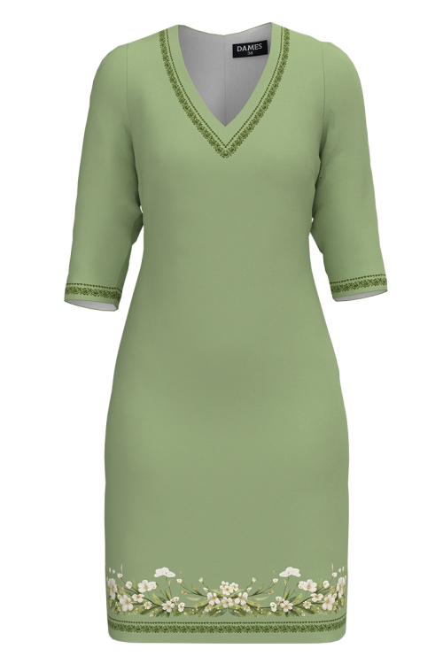 Rochie casual vernil cu decolteu in V imprimata flori de Iasomie