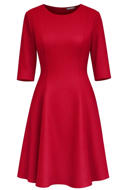 Rochie clos rosie in clini cu buzunare si maneci trei sferturi