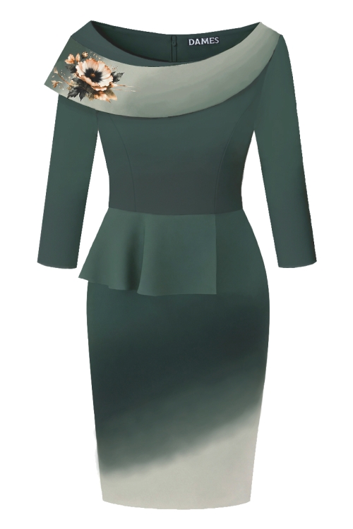 Rochie conica antracit in degrade cu volan si detaliu floral