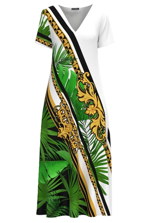 Rochie de vara alba lunga cu buzunare imprimata cu model Tropical CMD2954 - Img 2