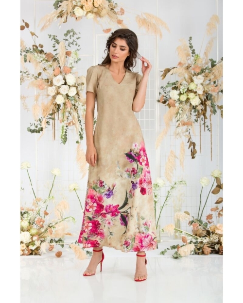 Rochie de vara bej lunga cu buzunare imprimata digital Floral CMD723 - Img 3