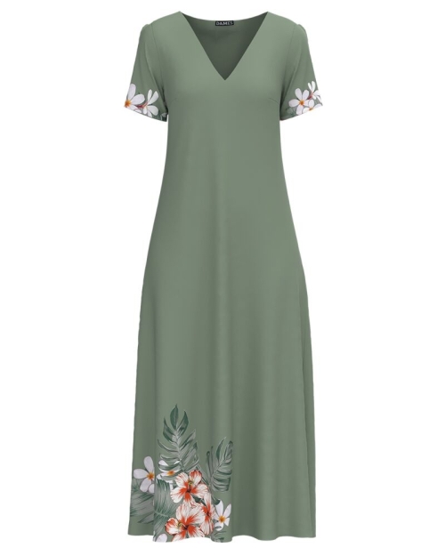 Rochie de vara verde lunga cu buzunare imprimata cu model floral CMD2847 - Img 1