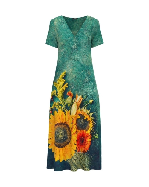 Rochie de vara verde lunga cu buzunare imprimata Floarea Soarelui CMD724