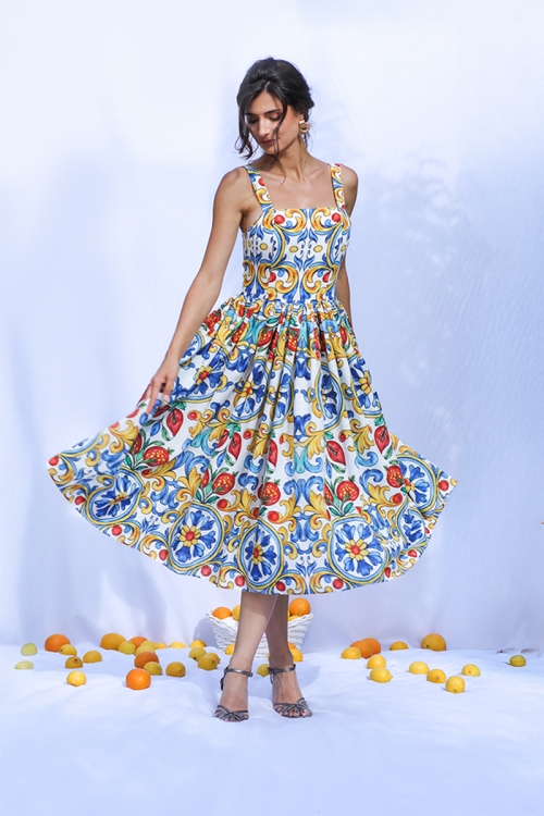 Rochie din in eleganta de vara cu bretele si imprimeu multicolor - Img 1