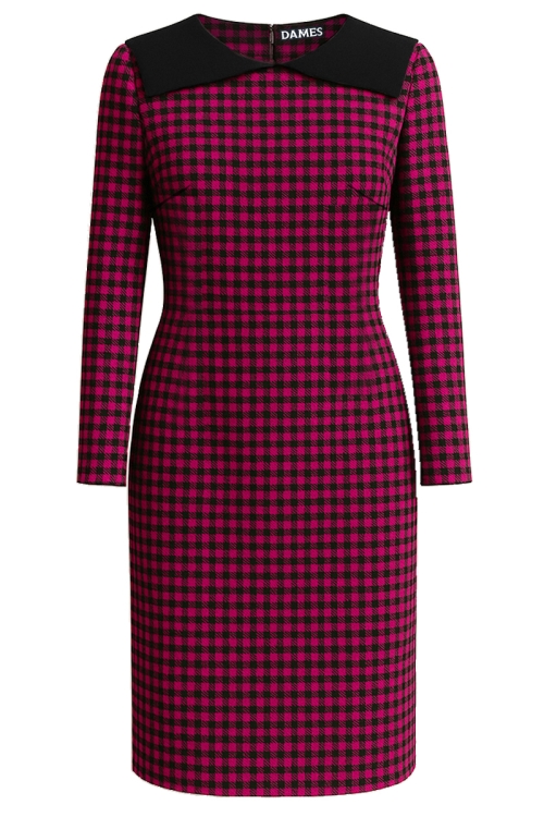 Rochie din stofa fucsia cu patratele si guler in contrast