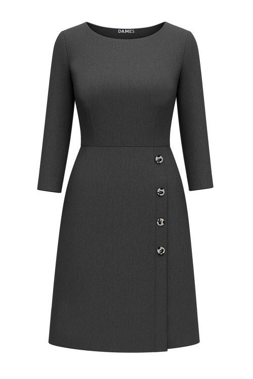 Rochie din stofa gri cu slit ascuns si nasturi decorativi