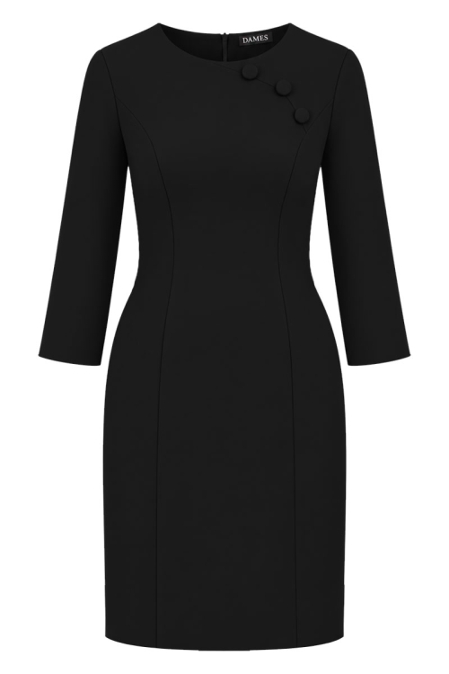Rochie dreapta neagra cu maneca lunga si nasturi decorativi